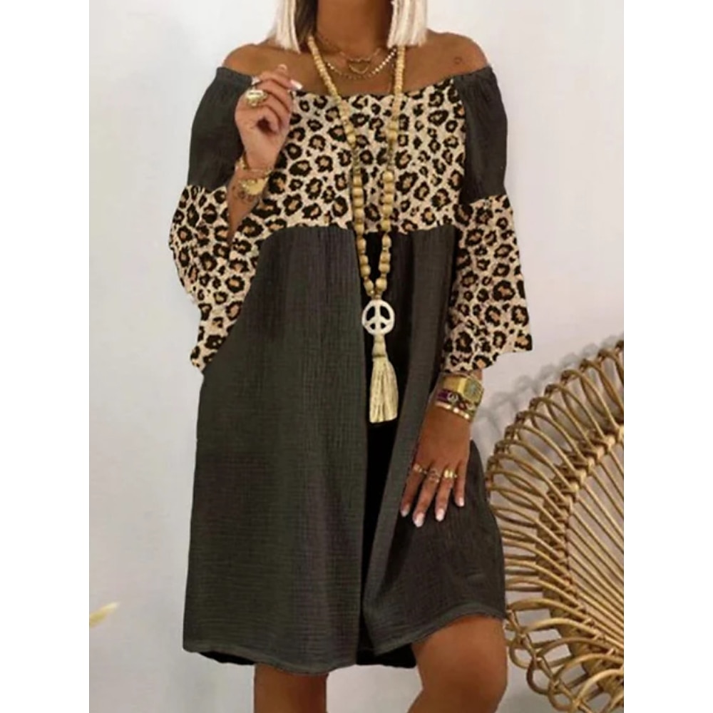 Damen Casual kleid A Linie Kleid Vintage Stilvoll Brautkleider schlicht Leopard Midikleid Langarm Schulterfrei Bedruckt Regular Fit Urlaub Täglich Schwarz Frühling Herbst Lightinthebox