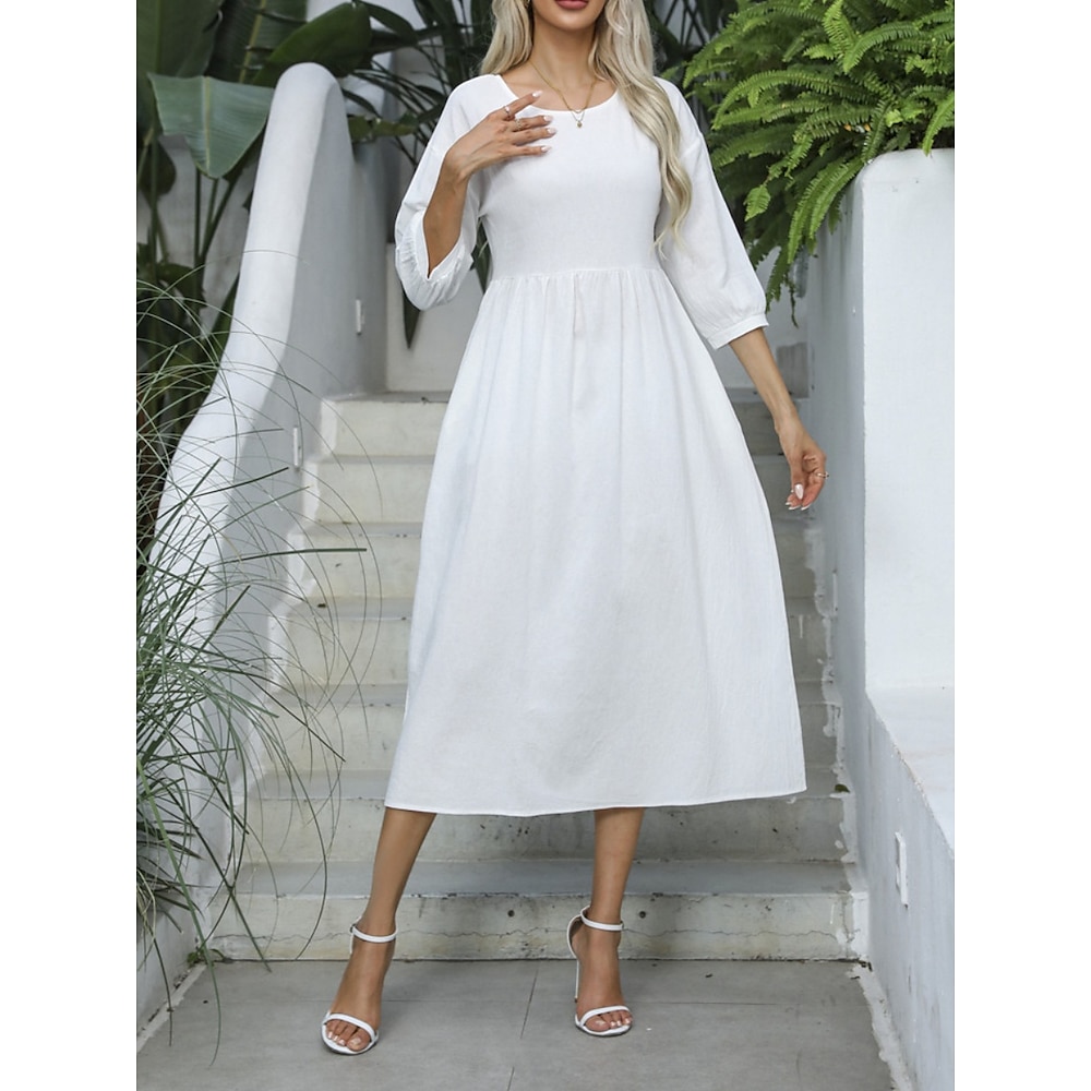 Damen Casual kleid A Linie Kleid Stilvoll Basic Brautkleider schlicht Glatt Midikleid 3/4 Ärmel Rundhalsausschnitt Rüschen Regular Fit Urlaub Täglich Weiß Grün Sommer Frühling Lightinthebox