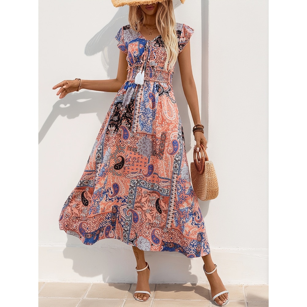 Damen Casual kleid Schaukelkleid A Linie Kleid Boho-Kleid Böhmen Vintage Ethnisch Paisley-Muster Maxidress Ärmellos V Ausschnitt Bedruckt Regular Fit Urlaub Täglich Leicht Braun Sommer Lightinthebox