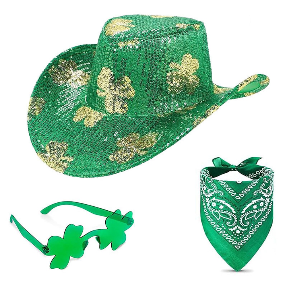 Herren Sonnenhut Partyhut Grün Polyester Pailletten 3 Teile Modisch Brautkleider schlicht Täglich St. Patrick Day Kleeblatt Sonnenschutz Atmungsaktiv Lightinthebox