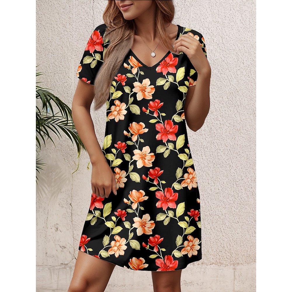 Damen schwarzes kleid A Linie Kleid Vintage Stilvoll Blumen Graphic Minikleid Kurzarm V Ausschnitt Bedruckt Regular Fit Täglich Rote Sommer Frühling Lightinthebox