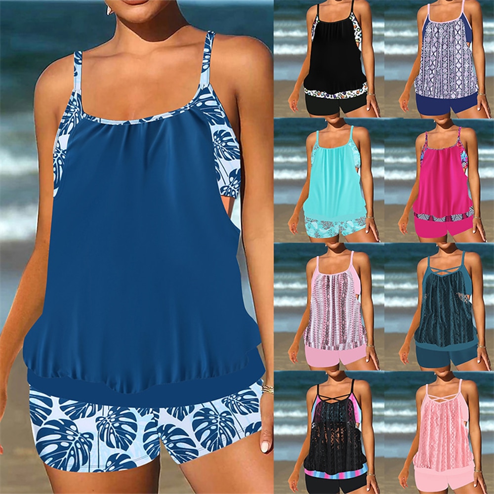 Damen Tankini Bikini, Zweiteiler Ringer-Rücken-Kleid Bademode Badeanzug Hellrosa Schwarz / Weiß Atmungsaktiv Schnelltrocknend Leichtgewichtig Ärmellos - Schwimmen Surfen Strand Sommer Frühling Lightinthebox