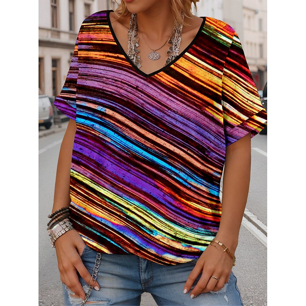 Damen T Shirt Brautkleider schlicht Farbblock Regenbogen Normale Oberteile Kurzarm V Ausschnitt Bedruckt Täglich Regenbogen Sommer Lightinthebox