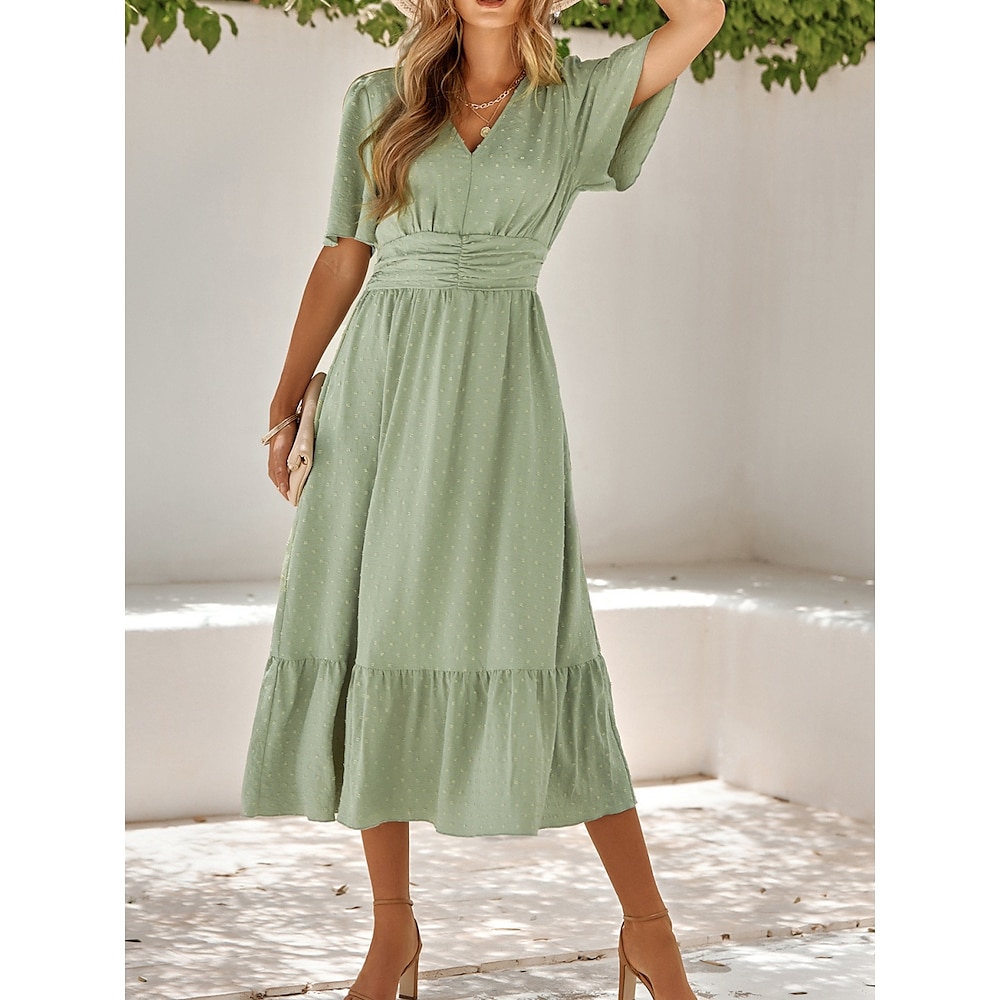 Damen Casual kleid Schaukelkleid A Linie Kleid Stilvoll Basic Brautkleider schlicht Glatt Midikleid Kurzarm V Ausschnitt Rüsche Regular Fit Urlaub Täglich Hellgrün Rote Sommer Frühling Lightinthebox