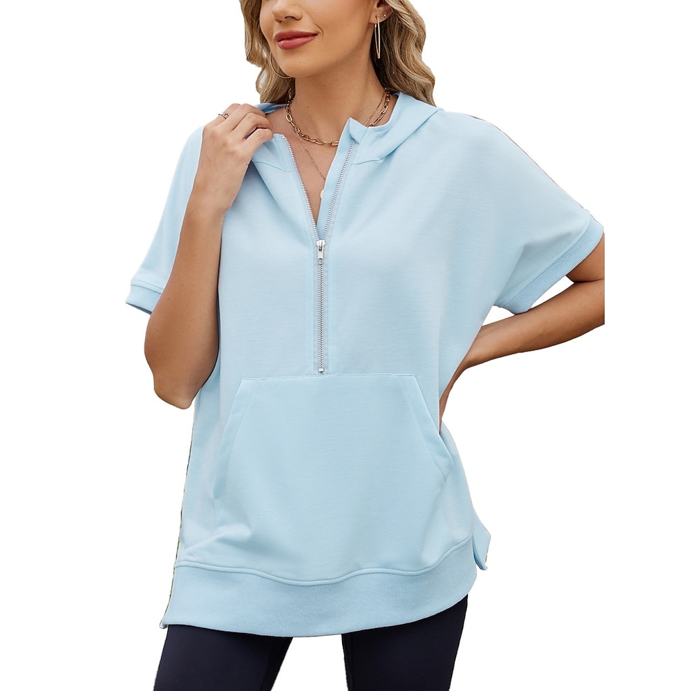 Damen T Shirt Basic Brautkleider schlicht Glatt Normale Oberteile Kurzarm V Ausschnitt Zip Regular Fit Täglich Wochenende Weiß Himmelblau Grün Grau Sommer Lightinthebox