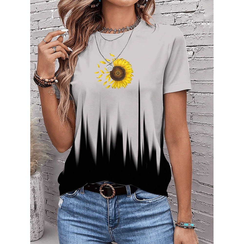 Damen T Shirt Brautkleider schlicht Farbverlauf Blumen Bühnenlicht vielfarbig Normale Oberteile Kurzarm Rundhalsausschnitt Bedruckt Regular Fit Täglich Grau Sommer Lightinthebox