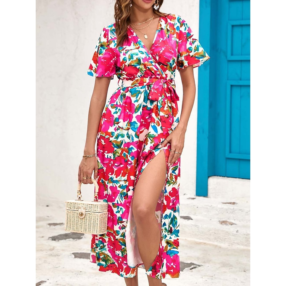 Damen Casual kleid Boho Chic Kleider Böhmen Brautkleider schlicht Boho Blatt Midikleid Kurzarm V Ausschnitt Bedruckt Gespaltener Oberschenkel Lockere Passform Urlaub Täglich Strand Weiß Fuchsie Lightinthebox