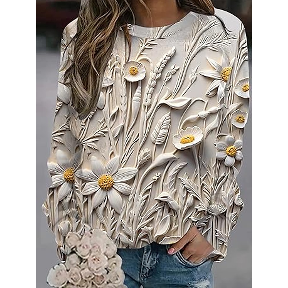 Damen Pullover Brautkleider schlicht Blumen Normale Oberteile Langarm Rundhalsausschnitt Bedruckt Regular Fit Strasse Alltagskleidung Beige Herbst Winter Lightinthebox