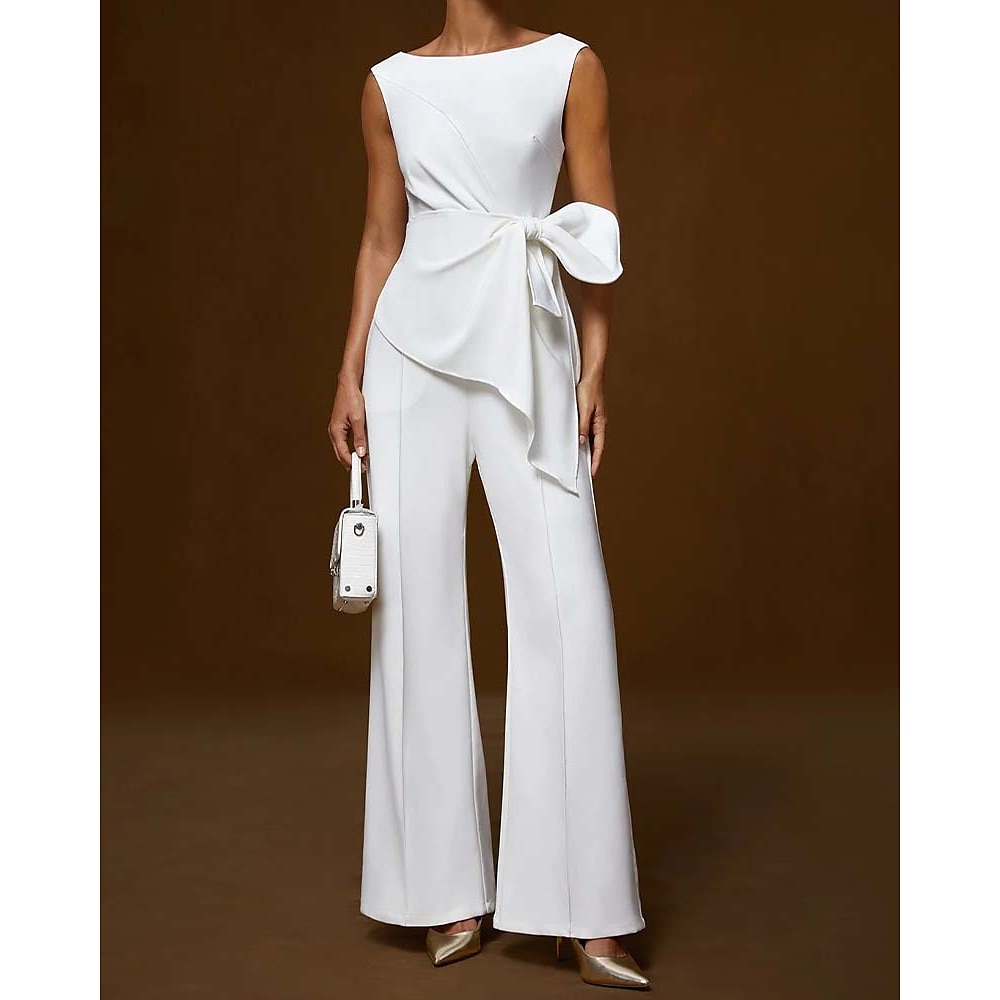 Jumpsuits Abendkleid elegantes Kleid Hochzeit Hochzeitsgast bodenlang ärmellos U-Boot-Ausschnitt Satin mit floralen Schleifen asymmetrischer Saum 2025 Lightinthebox