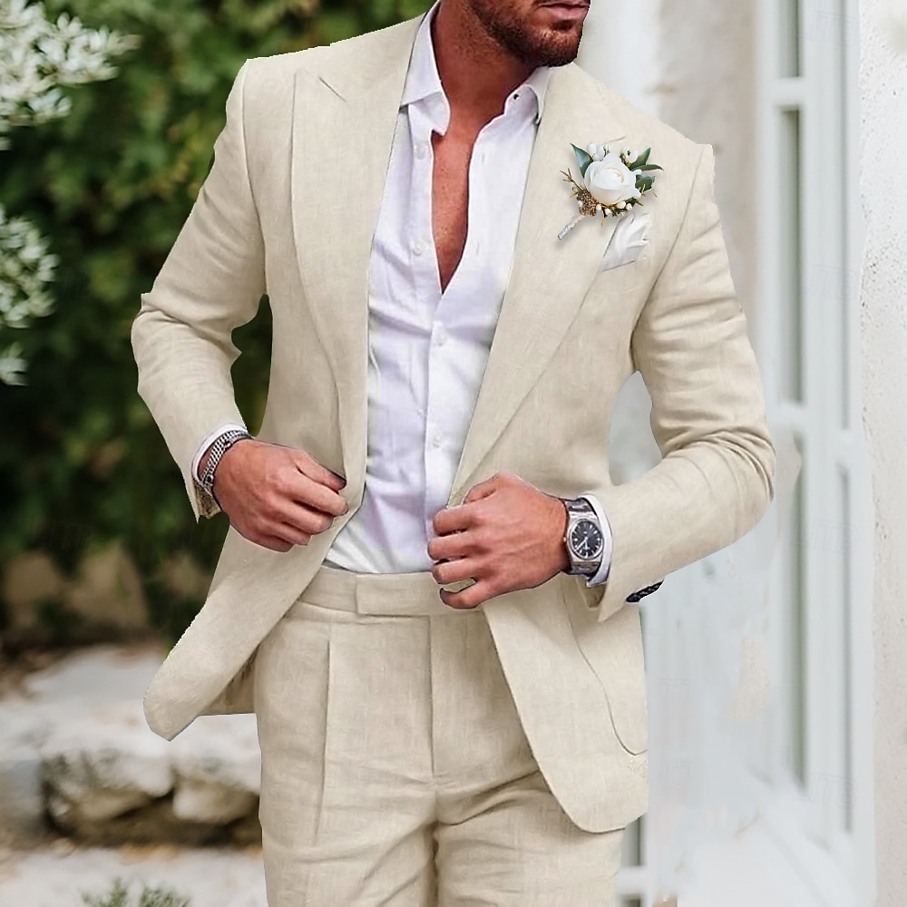 Herren Hochzeit Leinenanzüge Suits Beige Modisch Party Einfarbig Weite Passform 2-teiliges Set Einreiher - 1 Knopf Lightinthebox