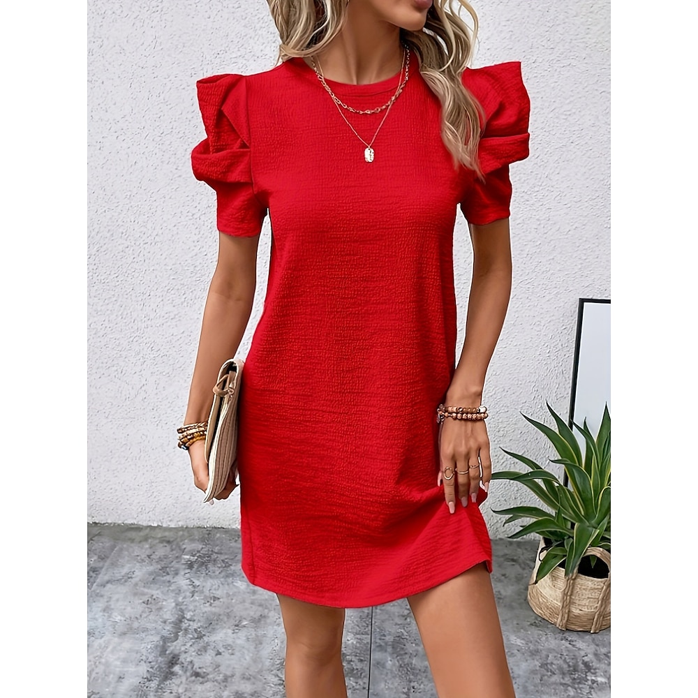 Damen Casual kleid Stilvoll Brautkleider schlicht Glatt Minikleid Kurzarm Rundhalsausschnitt Rüschen Regular Fit Urlaub Arbeit Täglich Schwarz Rote Sommer Frühling Lightinthebox