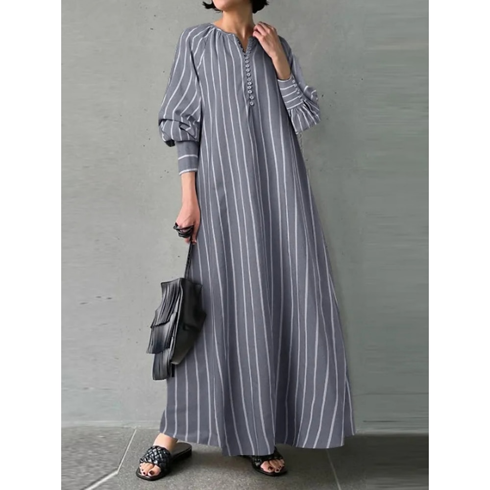 Damen Casual kleid Baumwoll-Leinenkleid A Linie Kleid Basic Brautkleider schlicht Streifen Maxidress Langarm V Ausschnitt Bedruckt Regular Fit Urlaub Täglich Schwarz Weiß Blau Sommer Frühling Lightinthebox