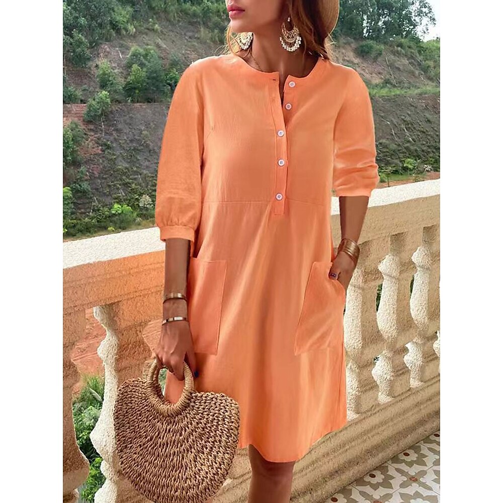 Damen Casual kleid Baumwoll-Leinenkleid Elegant Stilvoll Basic Glatt kleid lang 3/4 Ärmel Rundhalsausschnitt Knopf Tasche Regular Fit Urlaub Täglich Verabredung Blau Orange Sommer Frühling Herbst Lightinthebox