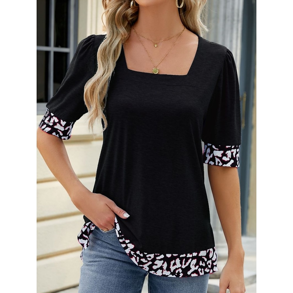 Damen T Shirt Modisch Modern Brautkleider schlicht Leopard Normale Oberteile Kurzarm Quadratischer Ausschnitt Patchwork Bedruckt Regular Fit Täglich Wochenende Schwarz Himmelblau Sommer Frühling Lightinthebox