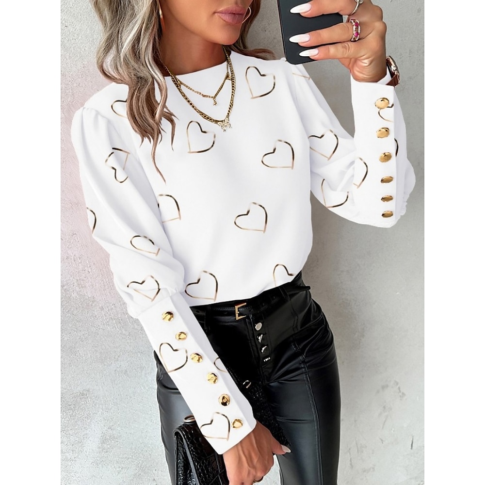 Damen Hemd Bluse Stilvoll Brautkleider schlicht Valentinstag Herz Normale Oberteile Langarm Rundhalsausschnitt Knopf Bedruckt Regular Fit Täglich Schwarz Weiß Sommer Frühling Lightinthebox