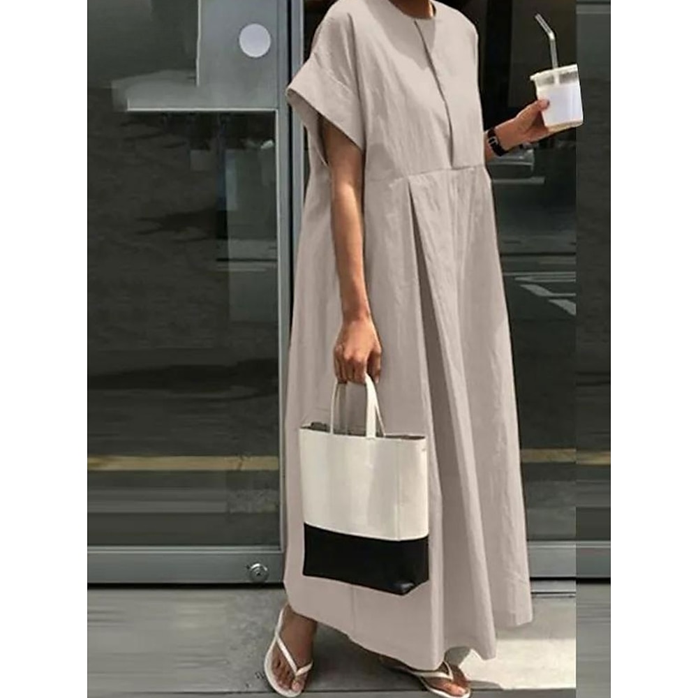 Damen Casual kleid A Linie Kleid Maxikleid aus Baumwolle Basic Brautkleider schlicht Glatt Maxidress Kurzarm Rundhalsausschnitt Patchwork Lockere Passform Urlaub Täglich Khaki Armeegrün Dunkelblau Lightinthebox