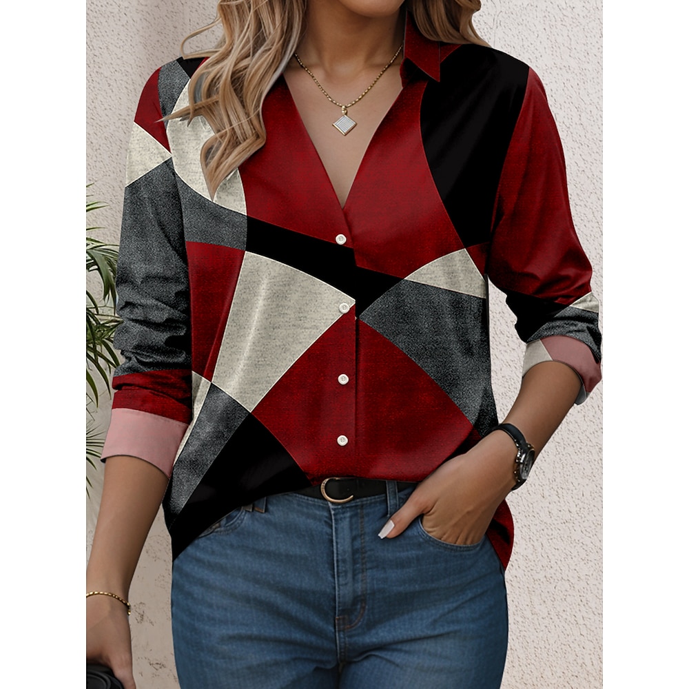 Damen Hemd Bluse Retro Vintage Brautkleider schlicht Graphic Geometrisch Normale Oberteile Langarm Hemdkragen Patchwork Knopf Bedruckt Regular Fit Täglich Wein Herbst Winter Lightinthebox