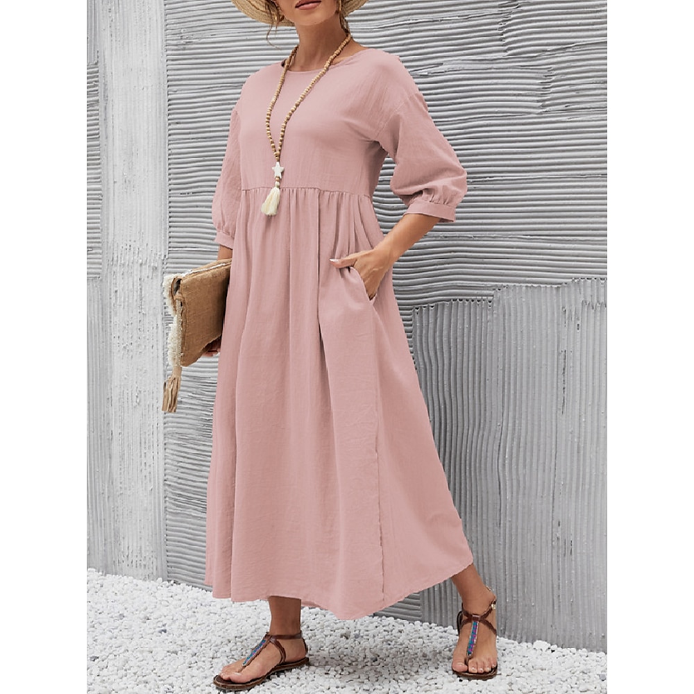 Damen Casual kleid Baumwoll-Leinenkleid Basic Brautkleider schlicht Glatt Maxidress 3/4 Ärmel Rundhalsausschnitt Tasche Regular Fit Urlaub Täglich Rosa Blau Braun Grün Sommer Lightinthebox