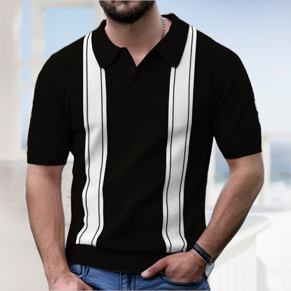 Herren Polos mit Knöpfen Golfhemd Casual Sport Kargen Kurzarm Modisch Basic Streifen Patchwork Knopf Sommer Schwarz Rosa Aprikose Polos mit Knöpfen Lightinthebox