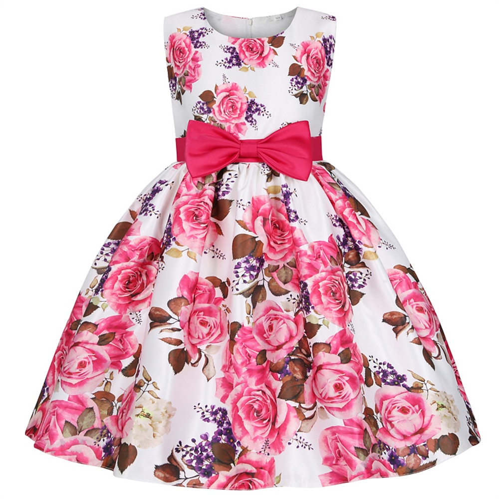 kinderkleidung Mädchen Party Kleid Blumen Ärmellos Leistung Geburtstag Krawattenknoten Schön Süß Baumwolle Knielang abendkleider Schaukelkleid A Linie Kleid Sommer 4 Jahre Rosa Rote Rosenrot Lightinthebox