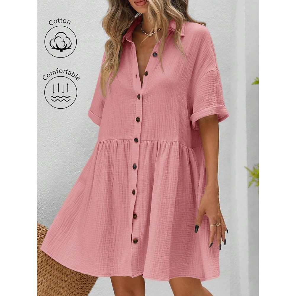 Damen blusenkleid Casual kleid Baumwoll-Kleid Basic Brautkleider schlicht Glatt Minikleid Kurzarm Hemdkragen Knopf Regular Fit Urlaub Täglich Schwarz Rosa Aprikose Sommer Lightinthebox