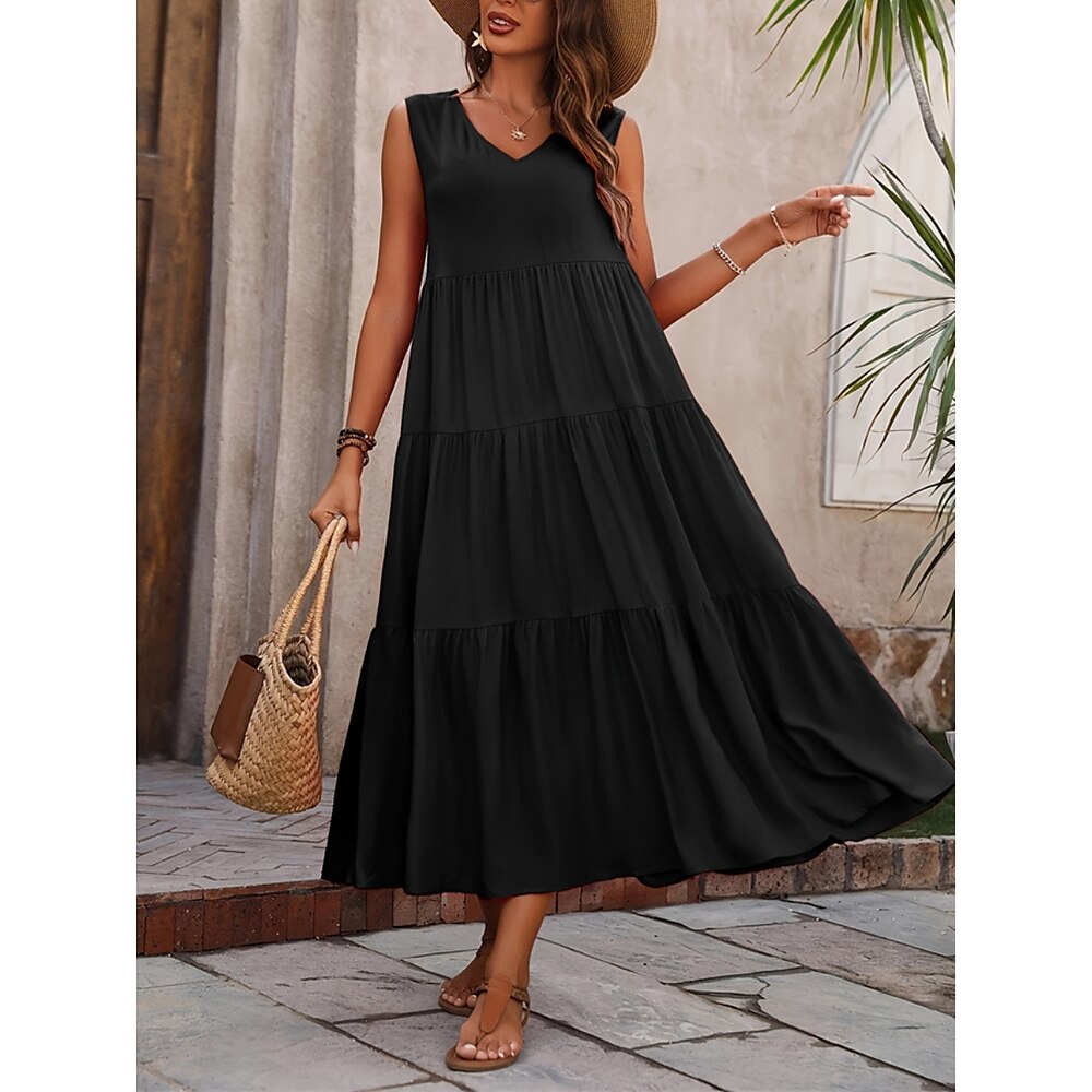 Damen Casual kleid Schaukelkleid A Linie Kleid Stilvoll Basic Brautkleider schlicht Glatt Maxidress Ärmellos V Ausschnitt Rüsche Regular Fit Urlaub Täglich Schwarz Gelb Rote Fuchsie Sommer Frühling Lightinthebox