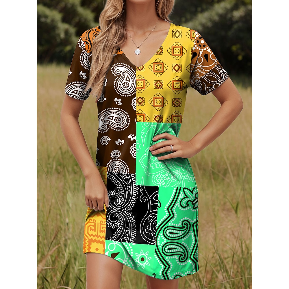 Damen Etuikleid Vintage Stilvoll Geometrisch Paisley-Muster Minikleid Kurzarm V Ausschnitt Bedruckt Regular Fit Täglich Neongrün Sommer Frühling Lightinthebox