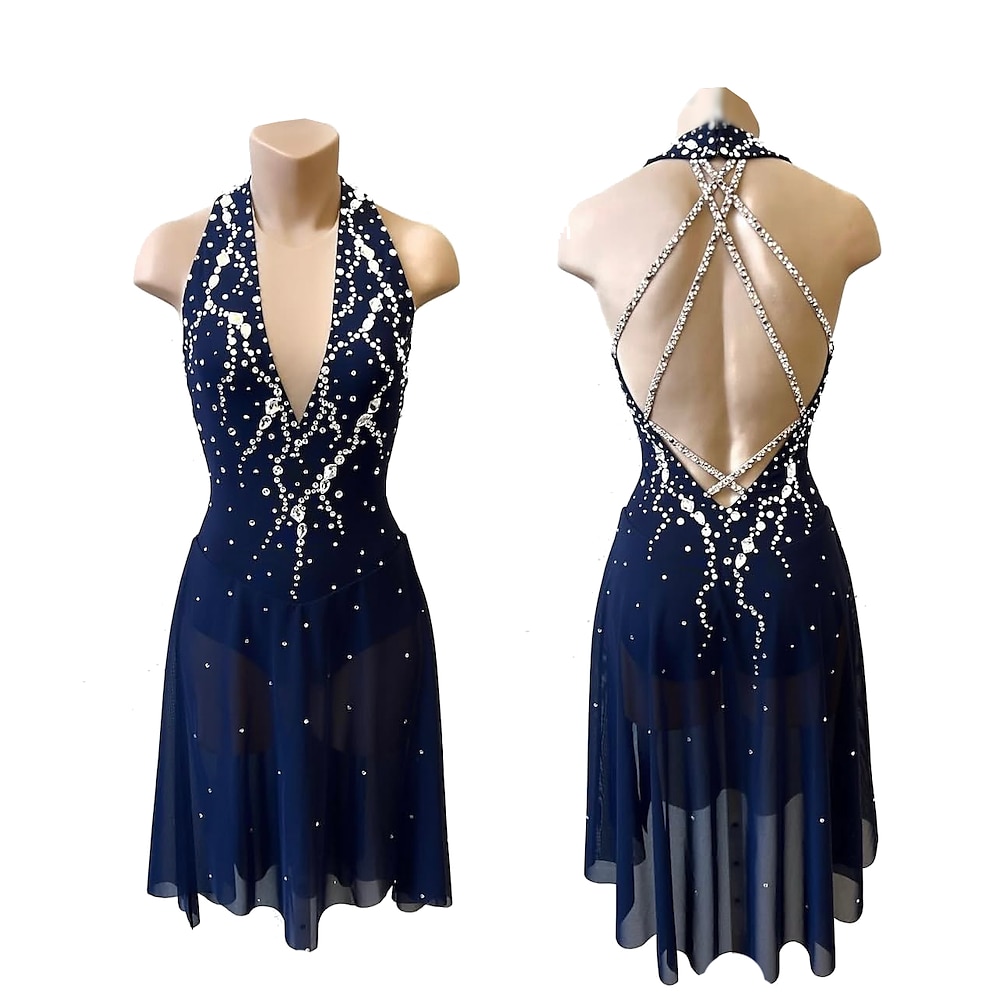 Eiskunstlaufkleid Damen Mädchen Eislaufkleid Dunkelmarineblau Daumenloch Halo-Färbung Hohe Elastizität Professionelle Wettkampf-Eislaufbekleidung Kristall/Strass Ärmellos Eislaufen Eiskunstlauf Lightinthebox