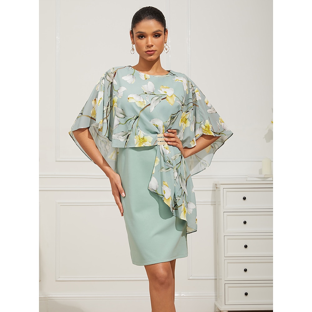 Damen Kleid für Hochzeitsgäste Chiffon-Kleid Elegant Ausgefallene Blumen Minikleid Halbe Ärmel Rundhalsausschnitt Rüsche Layer-Look Formschluss ChiffonDresseskleid hochzeitsgast Hellgrün Sommer Lightinthebox