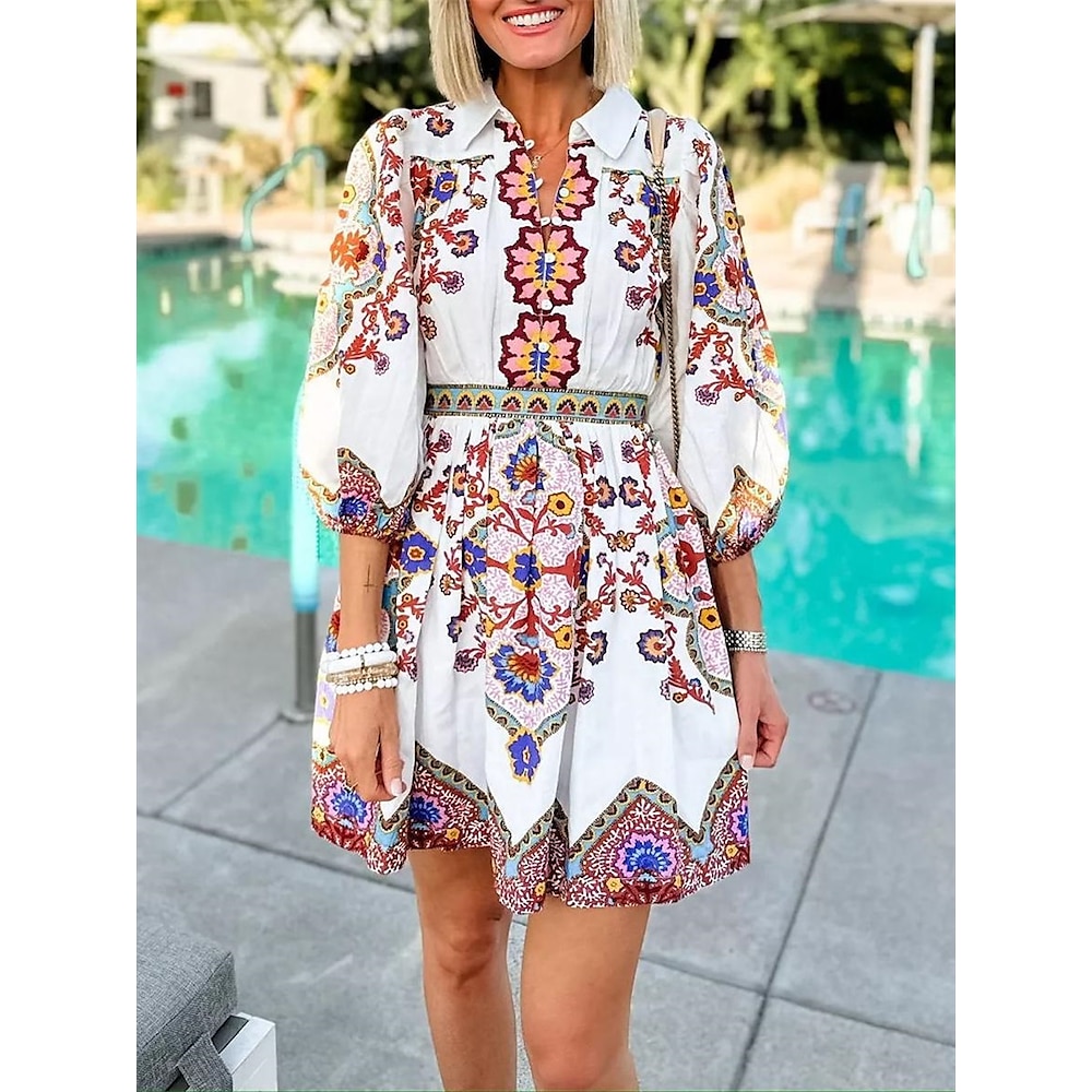 Damen A Linie Kleid Elegant Böhmen Kuschelig Graphic Minikleid Halbe Ärmel Laternenärmel V Ausschnitt Bedruckt Lockere Passform Urlaub Täglich Verabredung Weiß Sommer Frühling Herbst Lightinthebox