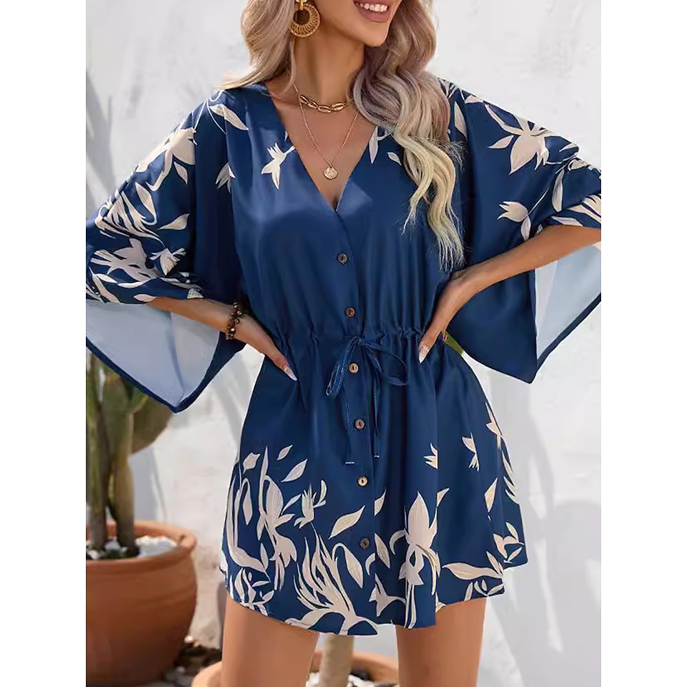 Damen Casual kleid A Linie Kleid Stilvoll Brautkleider schlicht Blumen Minikleid Kurzarm V Ausschnitt Bedruckt Regular Fit Urlaub Täglich Schwarz Marineblau Sommer Lightinthebox