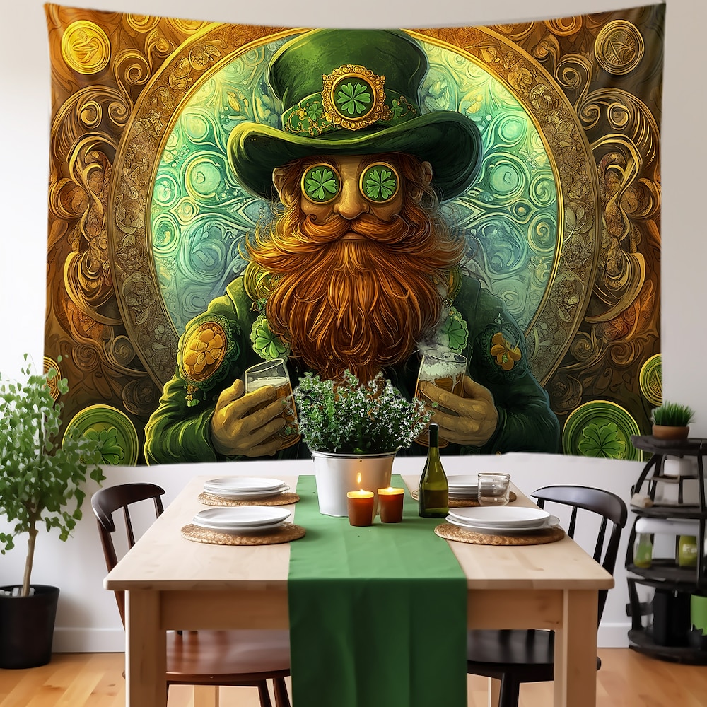 St. Patricks Day Wandteppich zum Aufhängen, Kleeblätter, Goldfarben, Wandkunst, großer Wandteppich, Wanddeko, Fotohintergrund, Decke, Vorhang, Heim, Schlafzimmer, Wohnzimmer, Dekoration Lightinthebox