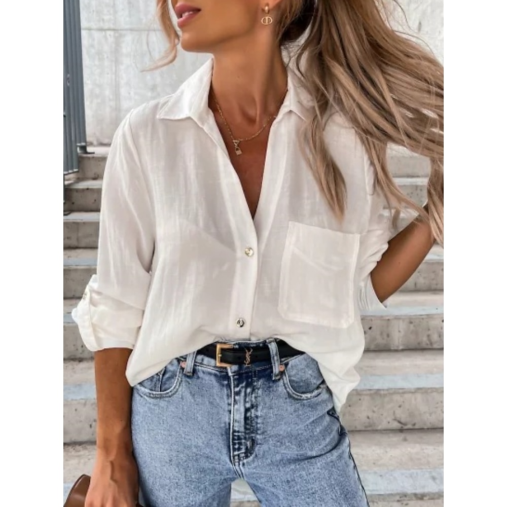 Damen Hemd Bluse Stilvoll Brautkleider schlicht Feste Farbe Normale Oberteile Langarm Hemdkragen Knopf Tasche Regular Fit Täglich Schwarz Weiß Braun Khaki Sommer Frühling Lightinthebox