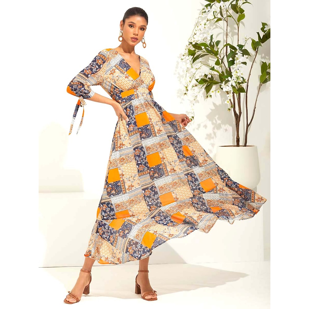 Damen Schaukelkleid Boho Blumen Paisley-Muster Maxidress Halbe Ärmel Puffärmel V Ausschnitt Rüsche Schleife Lockere Passform Chiffon DurchsichtigDressesUrlaub Gelb Sommer Lightinthebox