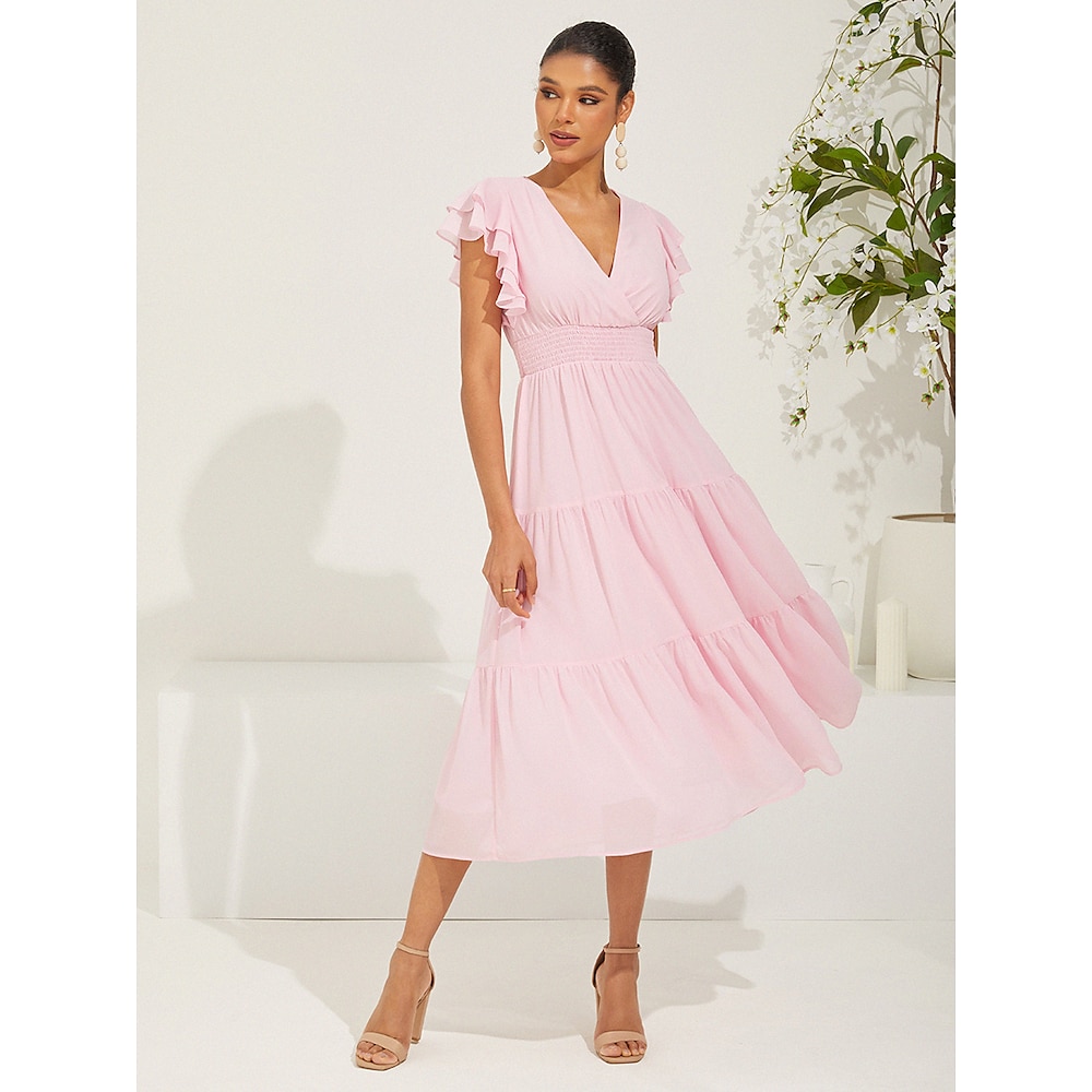 Damen Chiffon-Kleid Schaukelkleid Elegant Stilvoll Feste Farbe Maxidress Kurzarm Flattrige Ärmel V Ausschnitt Rüsche Kittel Regular Fit ChiffonDressesHochzeit kleid hochzeitsgast Täglich Rosa Sommer Lightinthebox