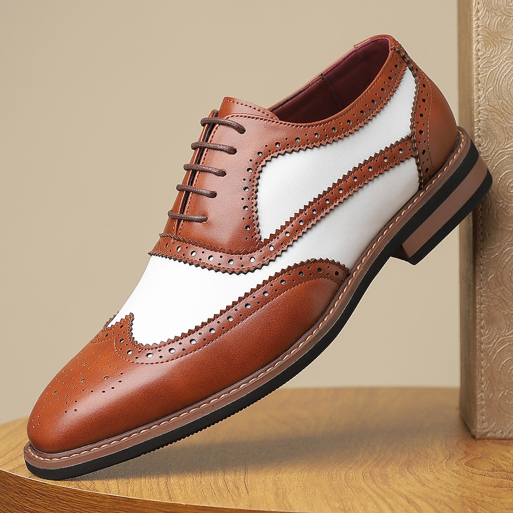 Braune und weiße Oxford-Schuhe aus Kunstleder für Herren - Brogue-Details im Flügelkappen-Stil, formelle Vintage-Schuhe für Hochzeiten, geschäftliche Anlässe und besondere Anlässe Lightinthebox