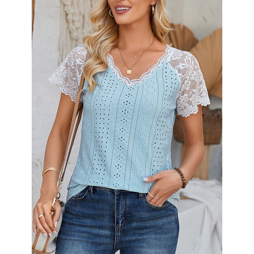 Damen Elegante Spitzen Tops Ösen Bluse Mode Modern Lässig Einfarbig Reguläre Tops Kurzarm V-Ausschnitt Ösen Reguläre Passform Täglich Wochenende Romantische Petite Tops Sommer Urlaub Tragen Weiß Blau Lightinthebox