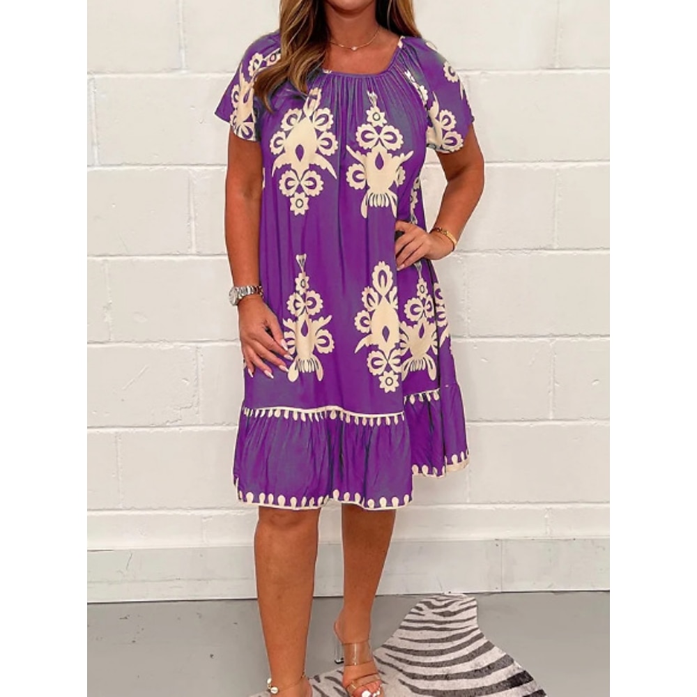 Damen Casual kleid Boho-Kleid Böhmen Vintage Brautkleider schlicht Graphic Minikleid Kurzarm Quadratischer Ausschnitt Bedruckt Regular Fit Urlaub Täglich Schwarz Purpur Grün Aprikose Sommer Lightinthebox