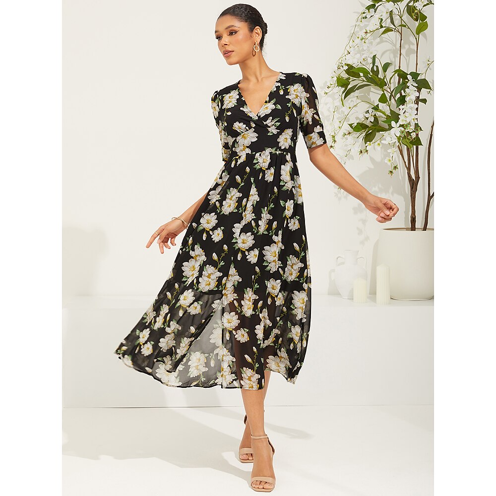 Damen Normal schwarzes kleid Elegant Blumen Graphic Midikleid Kurzarm Puffärmel V Ausschnitt Gespaltener Oberschenkel Geteilter Saum Regular Fit seidigDressesUrlaub Verabredung Schwarz Sommer Lightinthebox