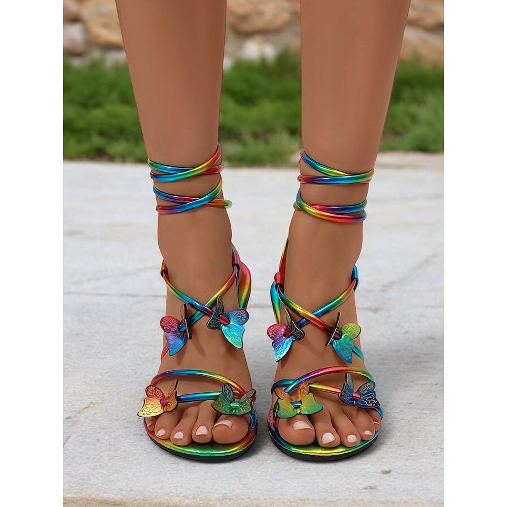 Flache Riemchensandalen für Damen in Regenbogenfarben mit Schmetterlingsverzierungen - auffällig und bequem für Sommer, Strand und Festivals Lightinthebox