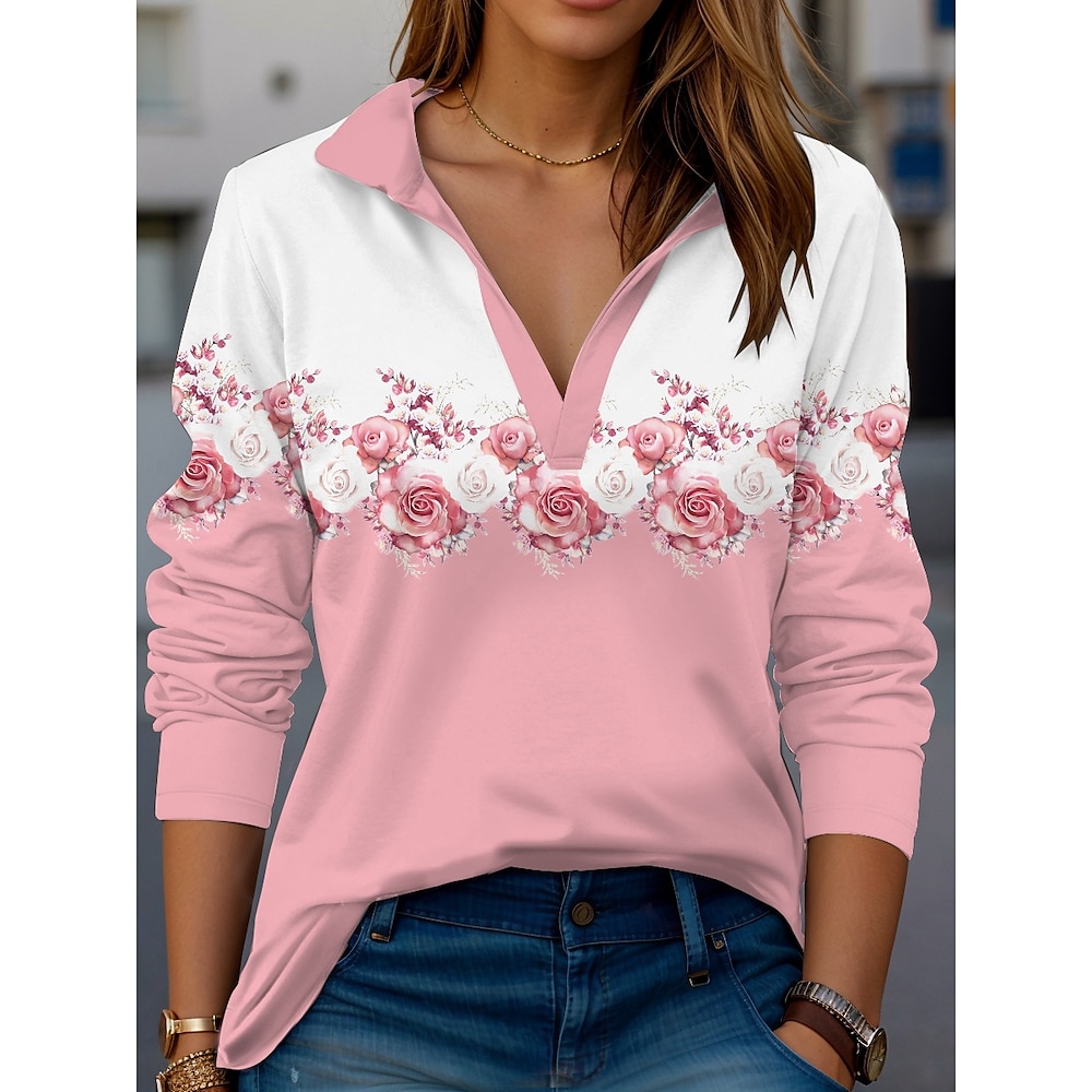 Damen T Shirt Brautkleider schlicht Blumen Normale Oberteile Langarm Gekerbter Hals Bedruckt Regular Fit Täglich Rosa Frühling Herbst Lightinthebox