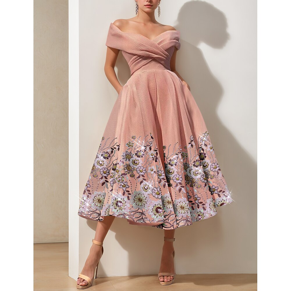 rosa florales A-Linien-Cocktailkleid, elegantes Kleid für formelle Hochzeitsgäste, knöchellang, kurze Ärmel, schulterfrei, mit Schlitzstickerei 2025 Lightinthebox