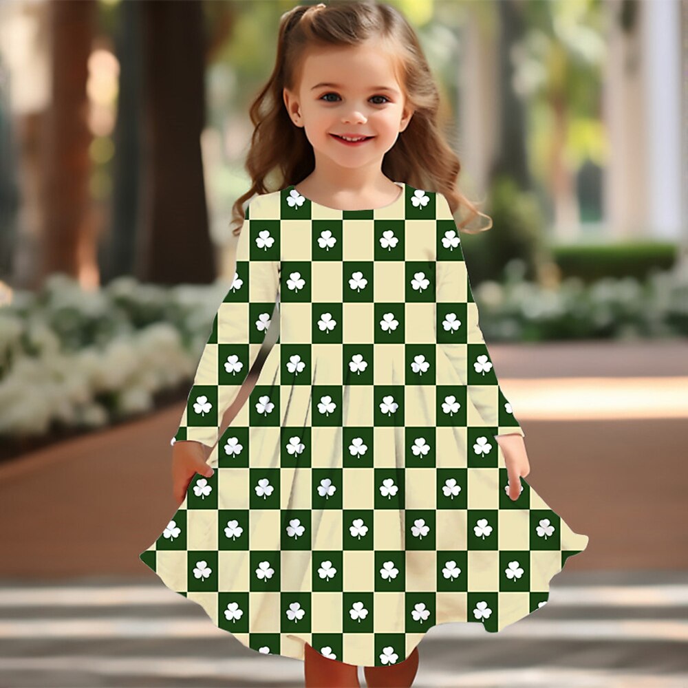 St. Patrick Mädchen' 3D Graphic Vierblättriges Kleeblatt Kleid Langarm Sommer Frühling Urlaub Täglich Festtage Prinzessin Schön Süß kinderkleidung 4-12 Jahre Casual kleid A Linie Kleid Knielang Lightinthebox