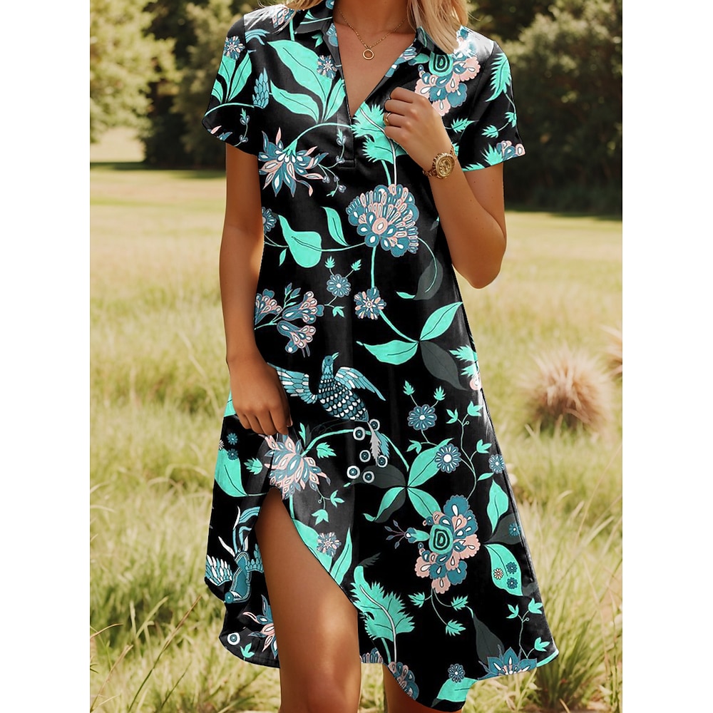 Damen Casual kleid Brautkleider schlicht Blumen Minikleid Kurzarm Hemdkragen Rückenfrei Bedruckt Regular Fit Täglich Grün Sommer Lightinthebox