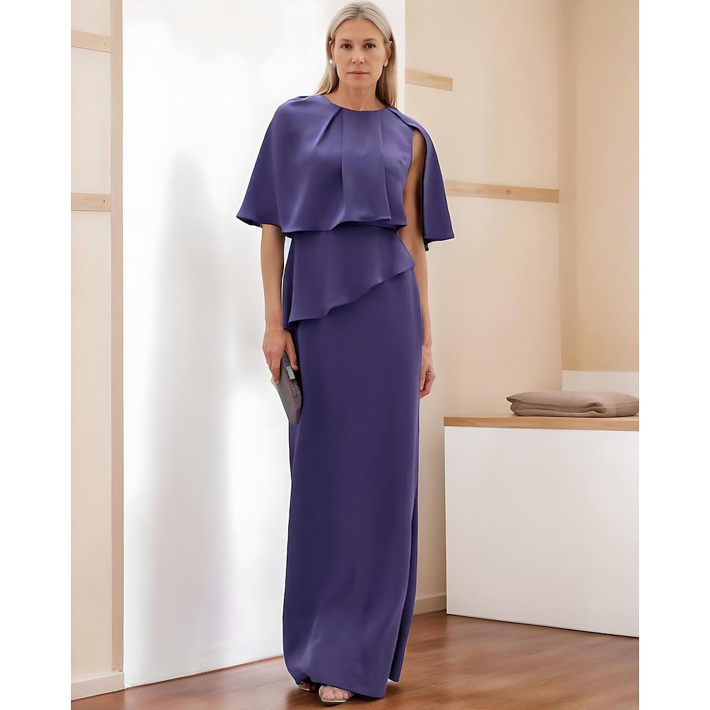 Kleid Brautmutterkleid Elegant Einfach Minimalistisch Schmuck Boden-Länge Krepp Halbe Ärmel mit Mehrlagiger Rock Kaskaden Rüschen Einheitliche Farbe 2025 Lightinthebox