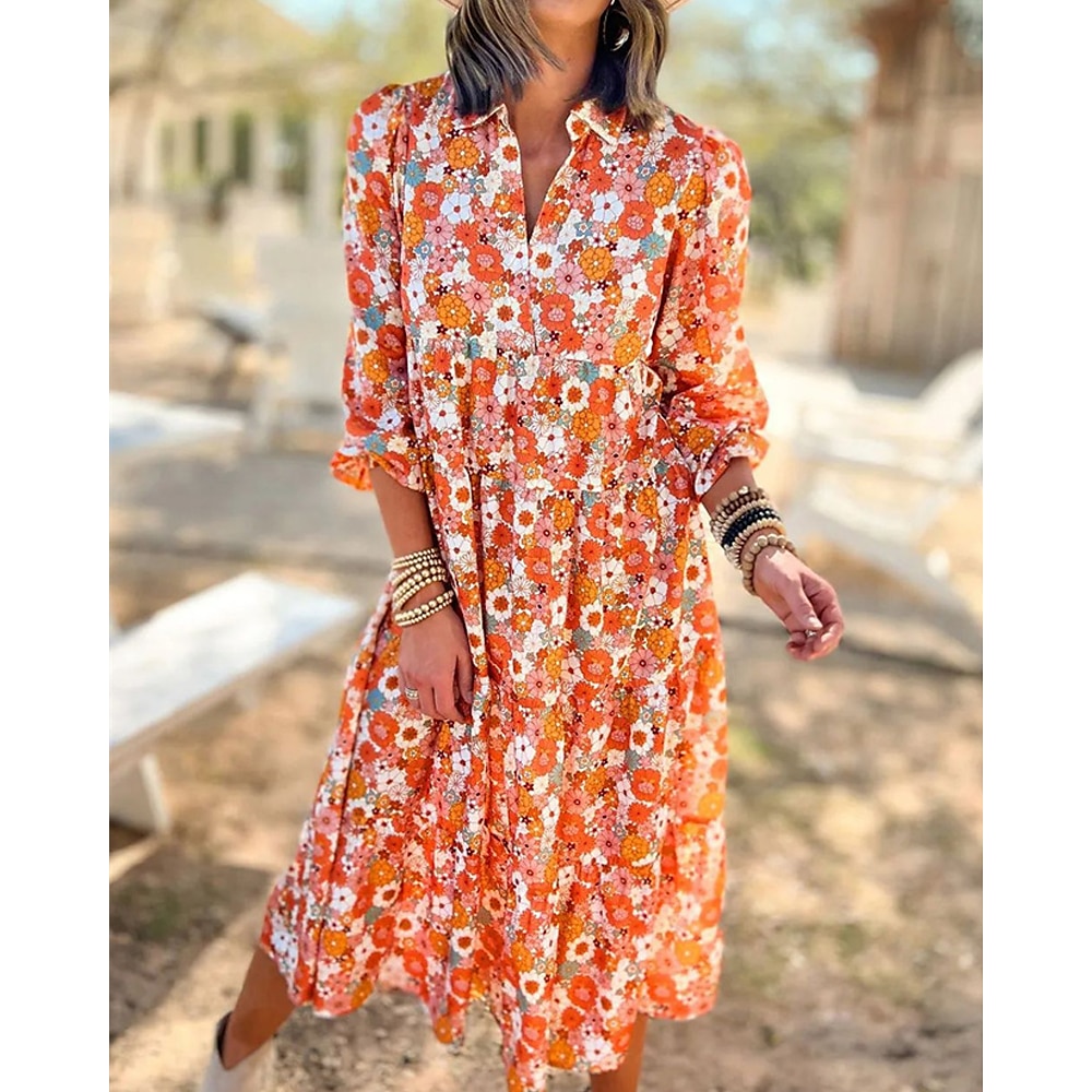 Damen Casual kleid A Linie Kleid Blumenkleid Sommerkleid Elegant Stilvoll Blumen kleid lang Langarm Kargen Regular Fit Urlaub Täglich Verabredung Orange Sommer Frühling Lightinthebox