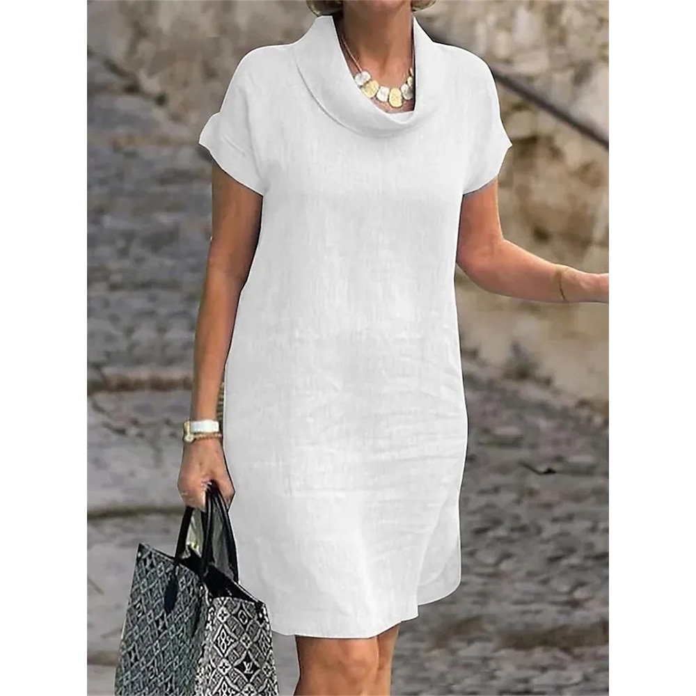 Damen Baumwoll-Leinenkleid A Linie Kleid Elegant Stilvoll Basic Glatt kleid lang Kurzarm Stehkragen Patchwork Regular Fit Urlaub Täglich Weiß Sommer Frühling Herbst Lightinthebox