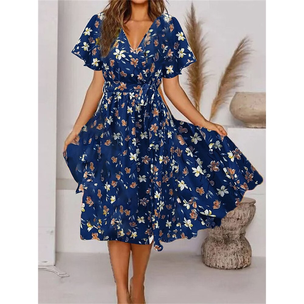 Damen Casual kleid A Linie Kleid Elegant Stilvoll Brautkleider schlicht Blumen kleid lang Kurzarm V Ausschnitt Bedruckt Regular Fit Urlaub Täglich Schwarz Rosa Blau Sommer Frühling Lightinthebox