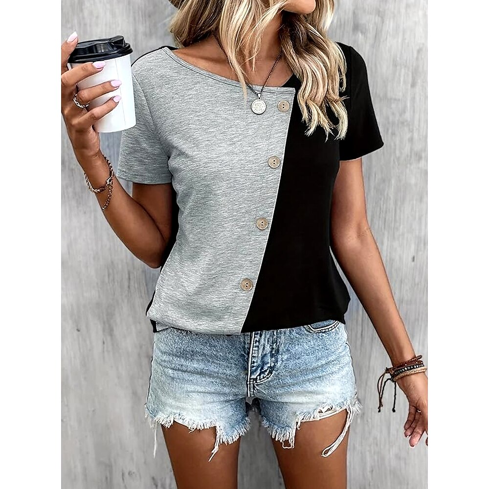 Damen T Shirt Glatt Modern Brautkleider schlicht Kurzarm V Ausschnitt Normale Oberteile Täglich Wochenende Patchwork Knopf Khaki Grau Sommer Lightinthebox