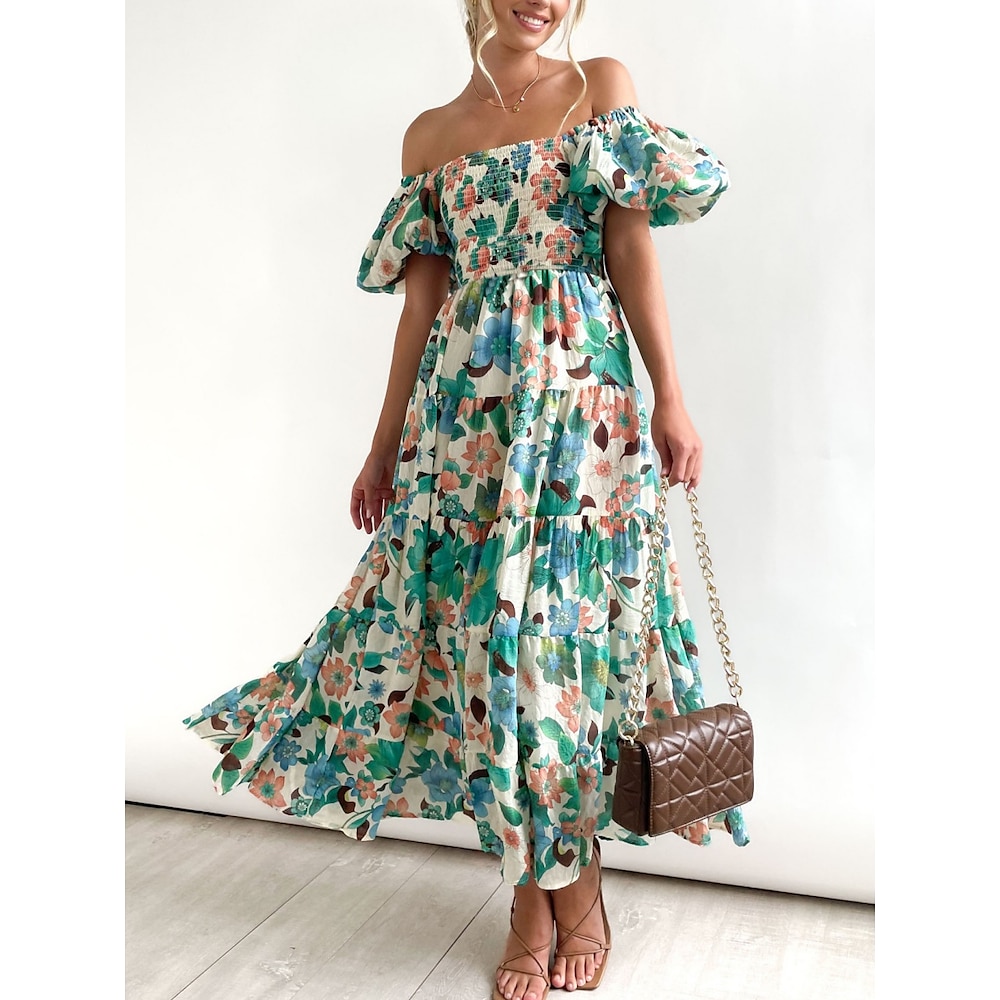 Damen Casual kleid Schaukelkleid A Linie Kleid Stilvoll Brautkleider schlicht Blumen Maxidress Kurzarm Schulterfrei Rüsche Bedruckt Regular Fit Urlaub Täglich Blau Grün Sommer Lightinthebox